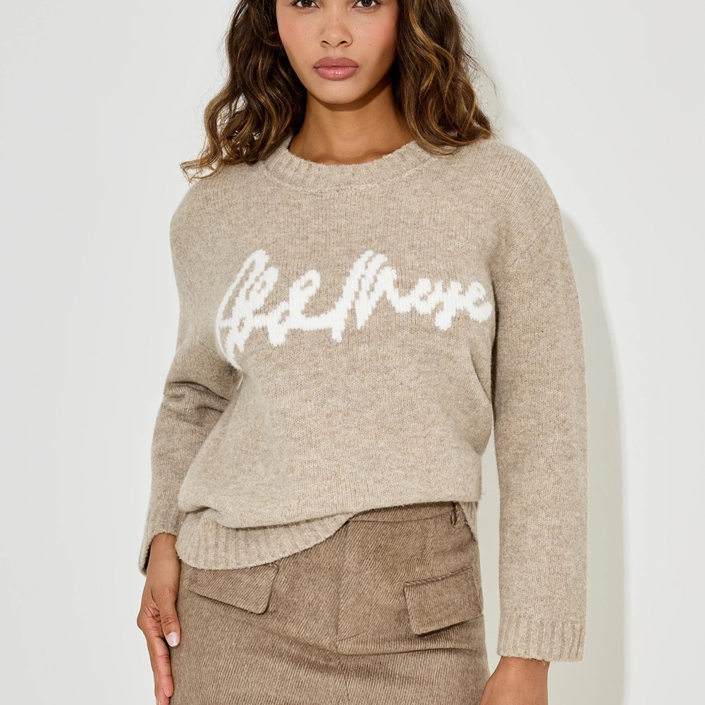 Cozy Beige Knit Sweater with Graphic Design